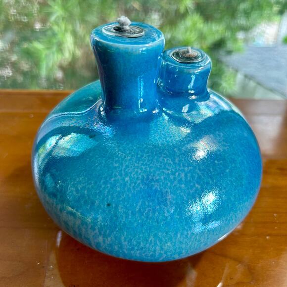Vintage Latterman Studio Pottery Oil Lamp – Blue Glazed Double Spout, - Picture 9 of 12